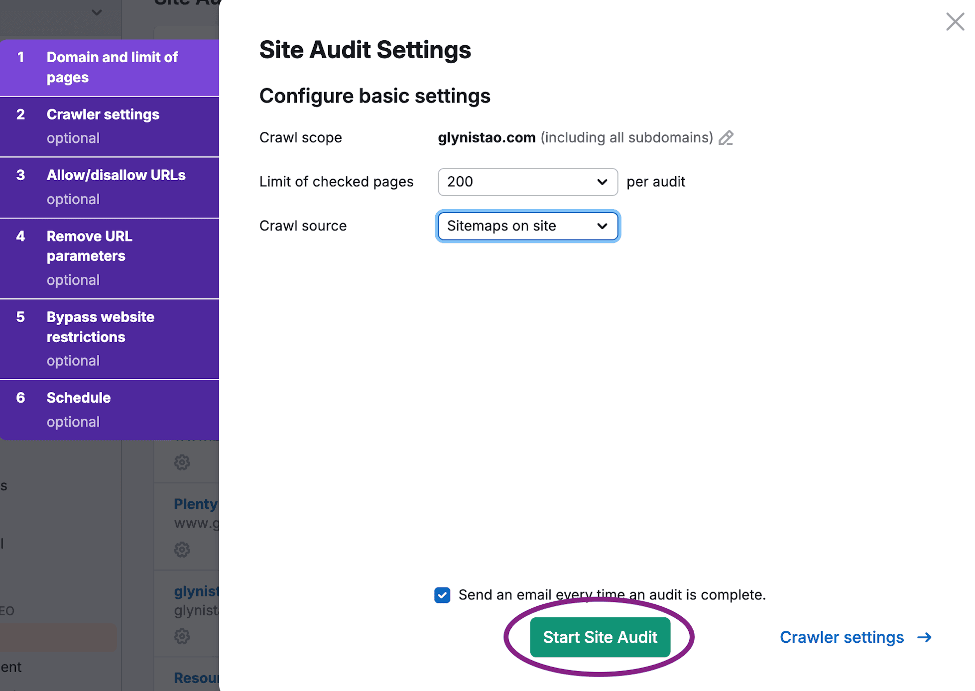 Semrush site audit setting screenshot