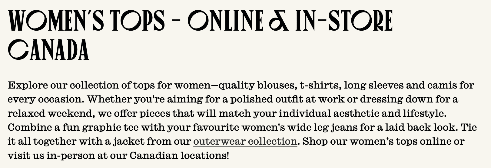 womens tops collection and product page SEO optimization